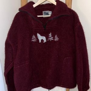 Vintage Burgundy Pullover Jacket with Wolf Design